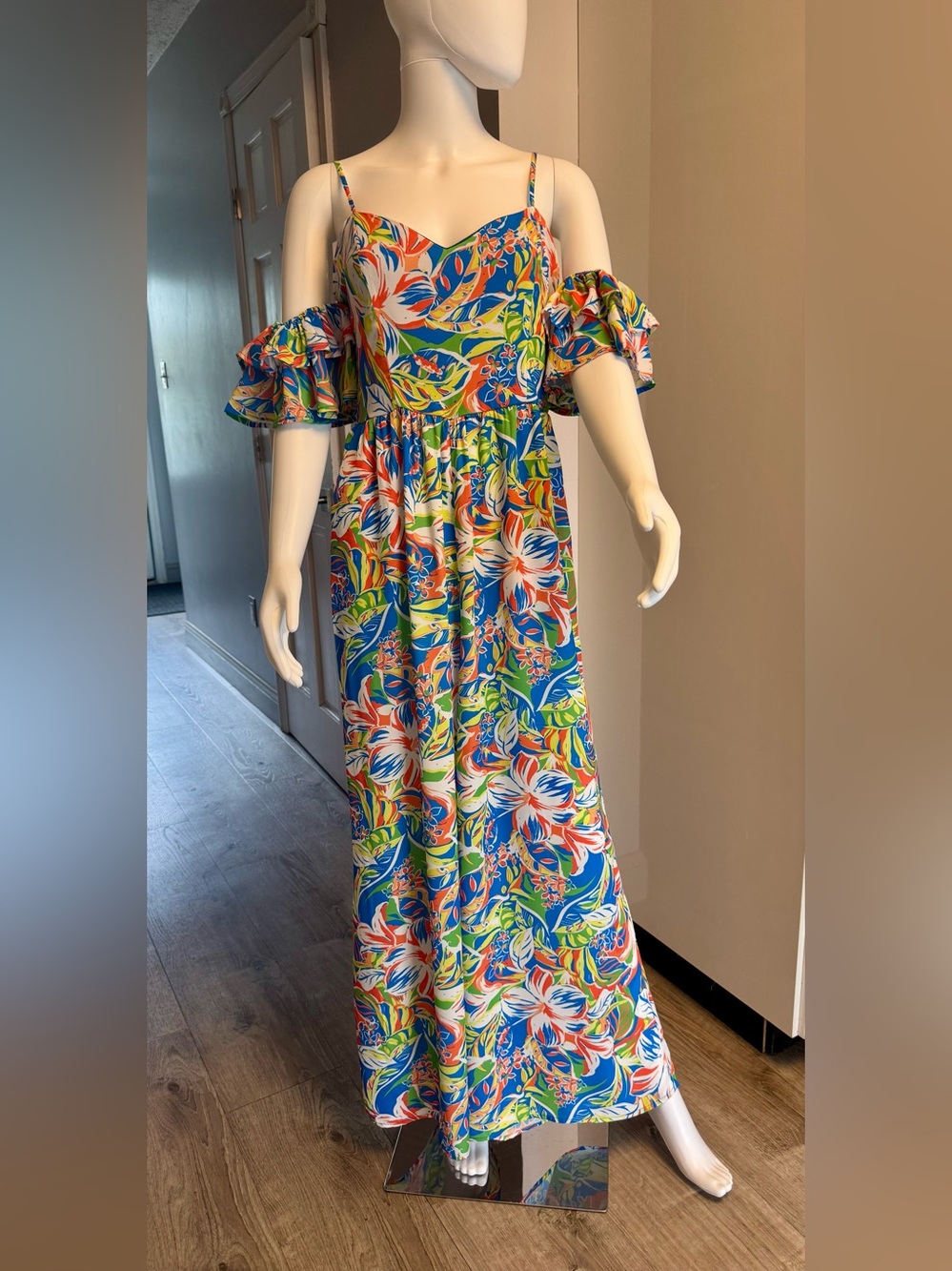 Vibrant Floral Off-Shoulder Jumpsuit - Blue, Green, Orange, White size Medium